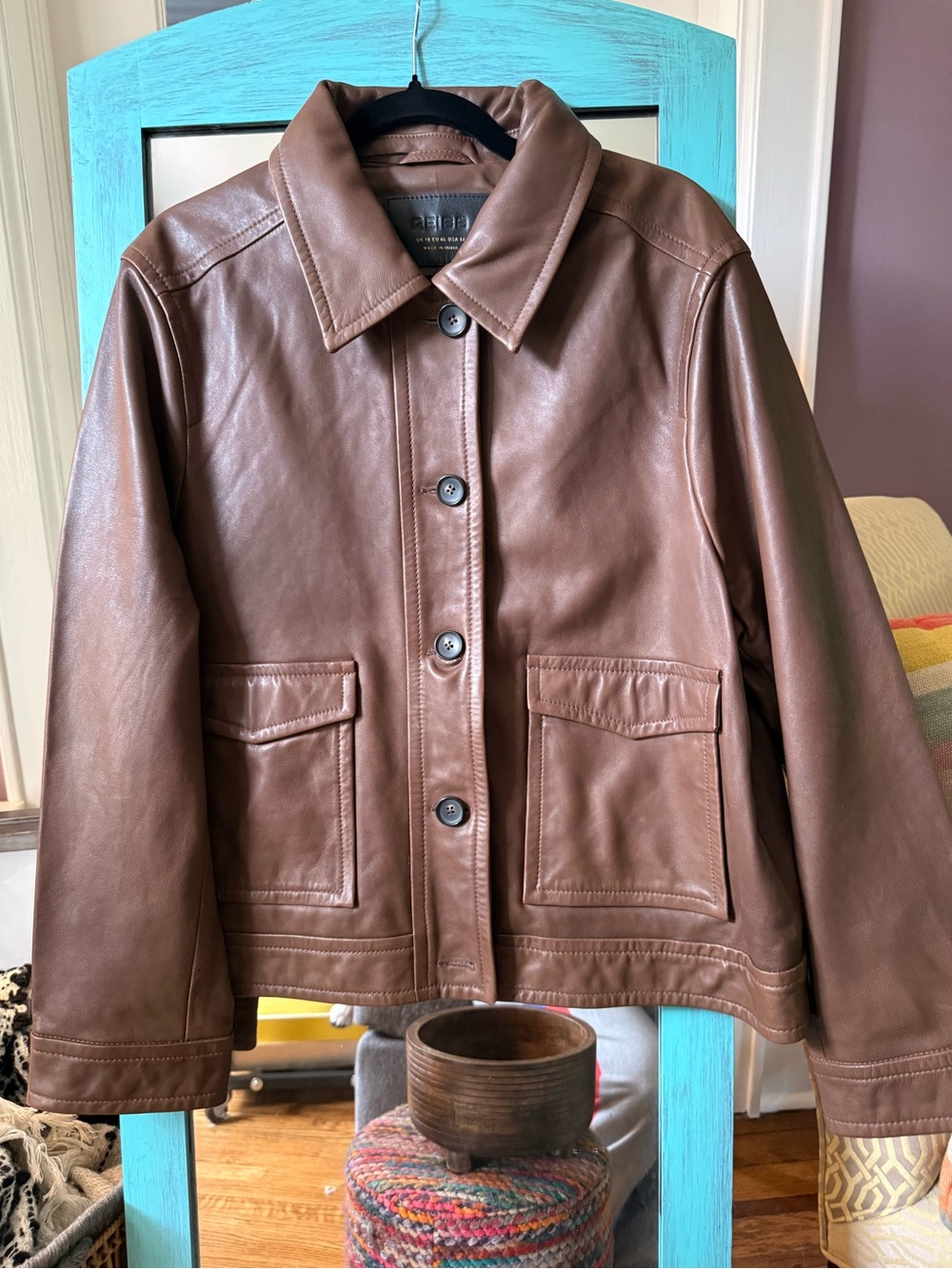 Reiss Brown Leather Button-Front Jacket